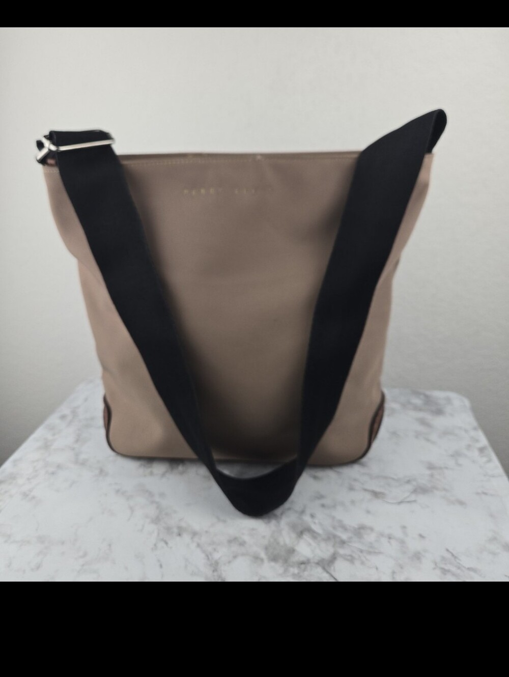 Perry Ellis Taupe Logo Tote with Gold Embossing